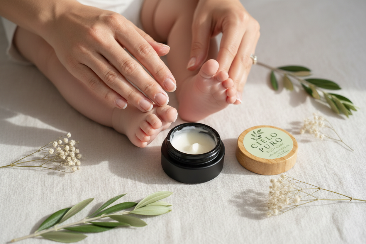 Hands applying balm to baby feet