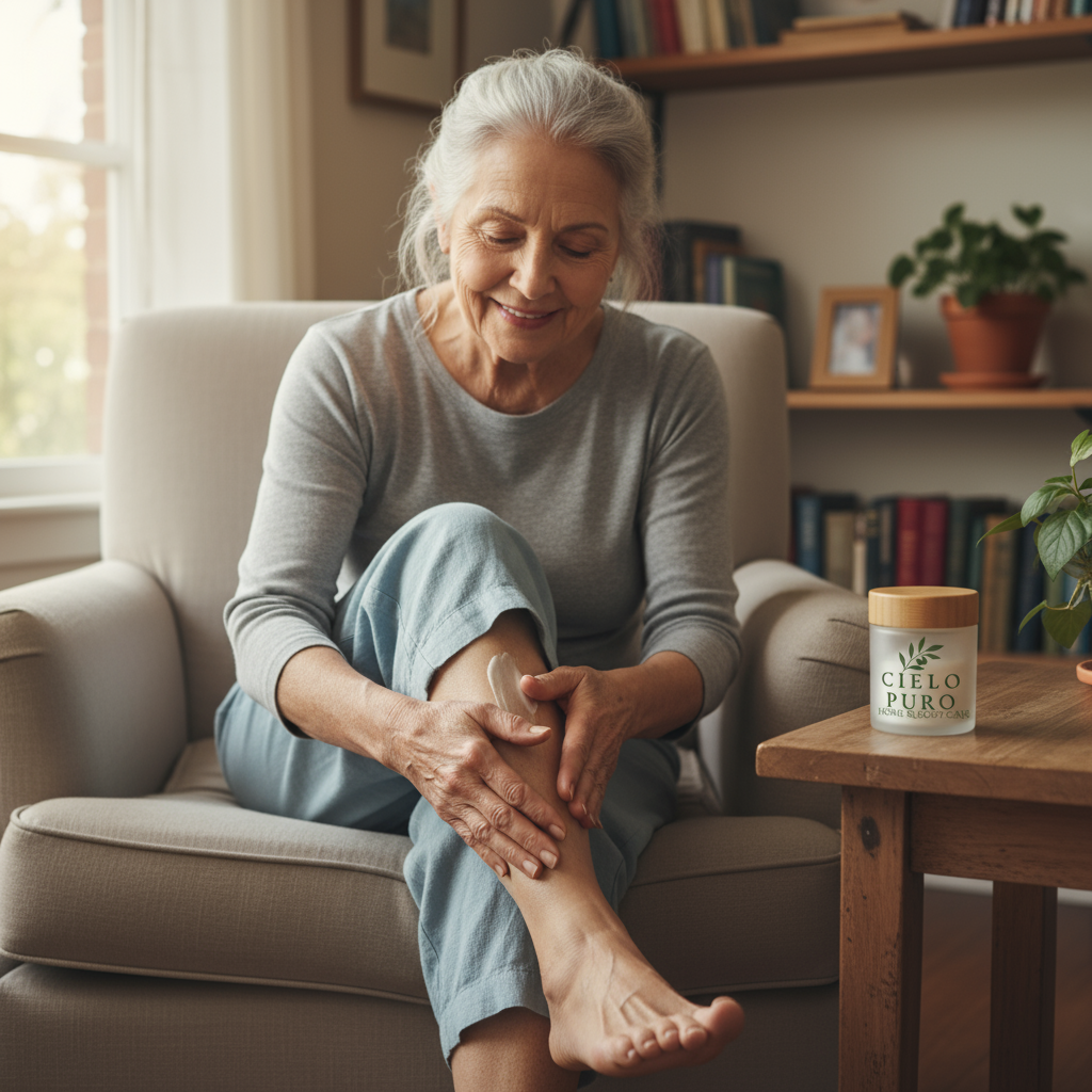 Senior woman applying 4 oz balm to leg