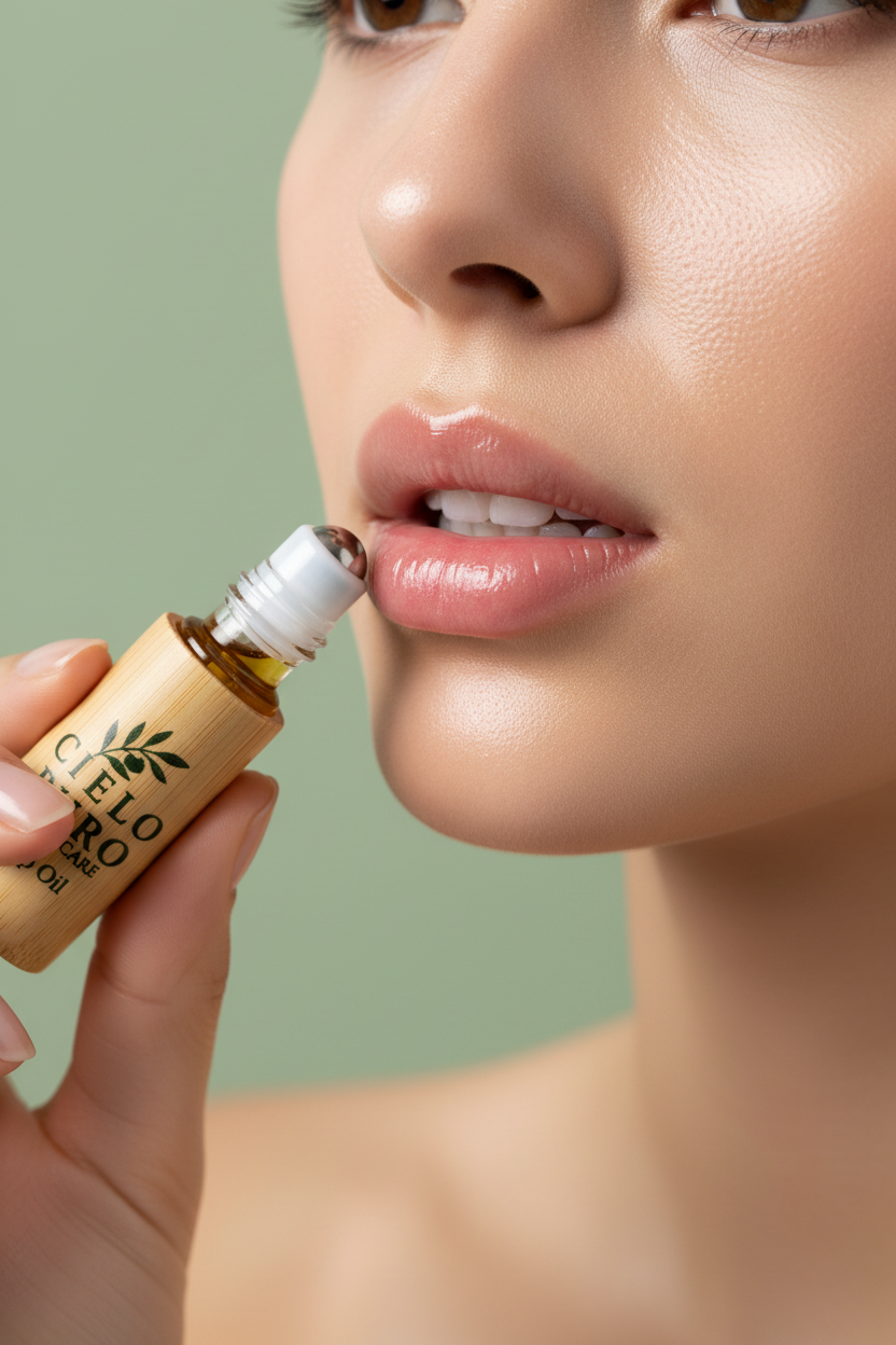Young woman applying lip oil